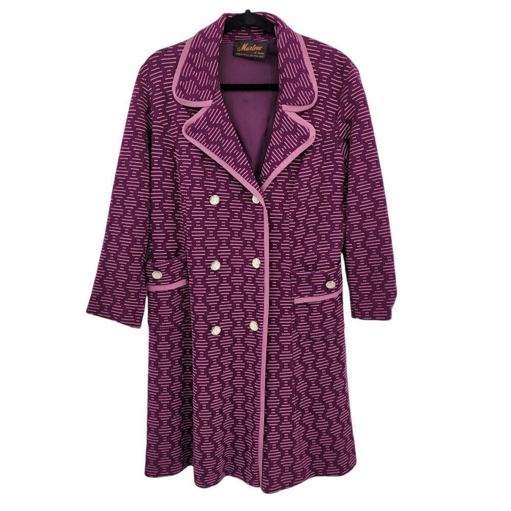Vtg 60s Wool Statement Trench Coat Sz XL Knit Mod Geometric Pearl Button  Pink